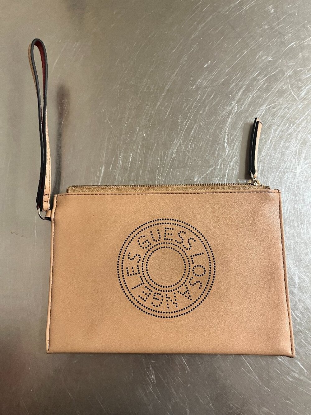 GUESS Los Angeles Beige Faux-Leather Wristlet Wallet Pouch